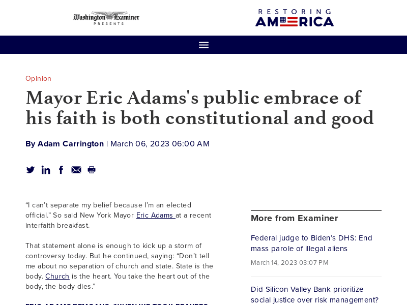 Mayor Eric Adams's public embrace of his faith is both constitutional and good