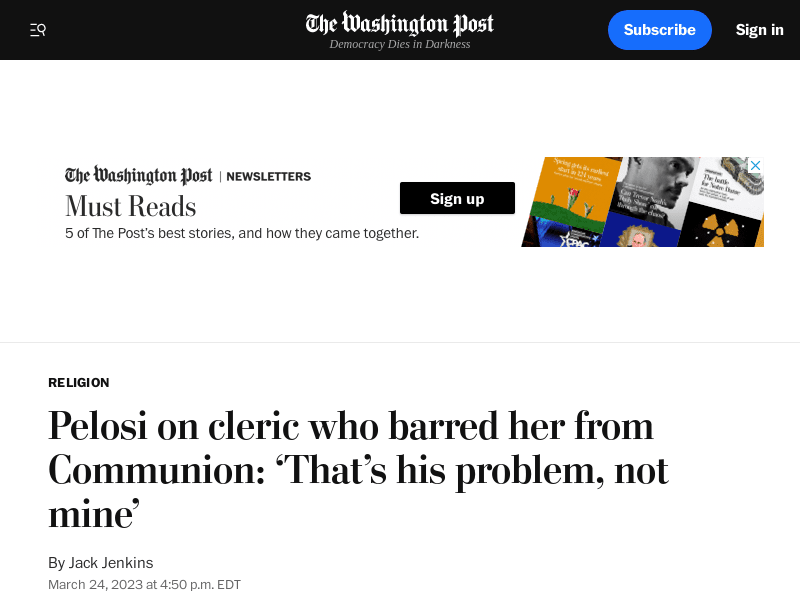 Pelosi on cleric who barred her from Communion: ‘That’s his problem, not mine’