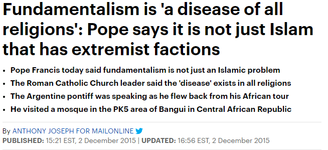 Fundamentalism is 'a disease of all religions', says Pope Francis