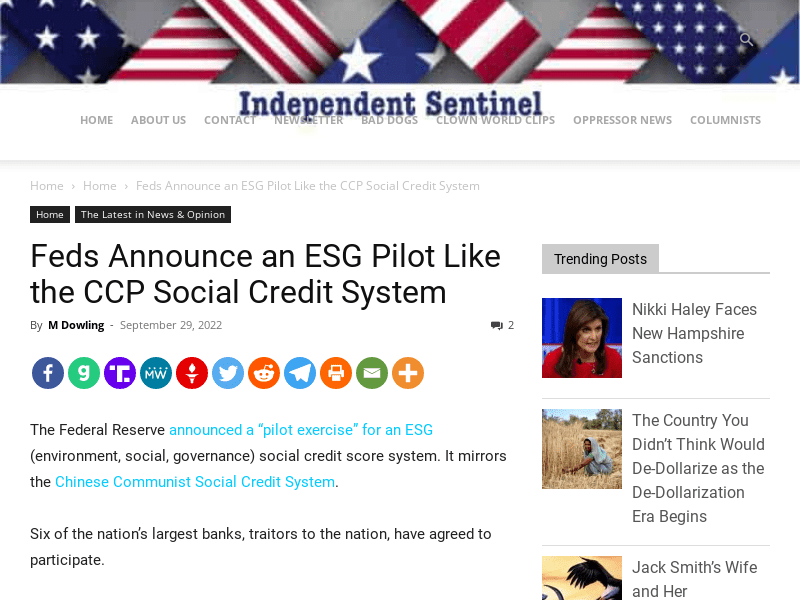 Feds Announce an ESG Pilot Like the CCP Social Credit System