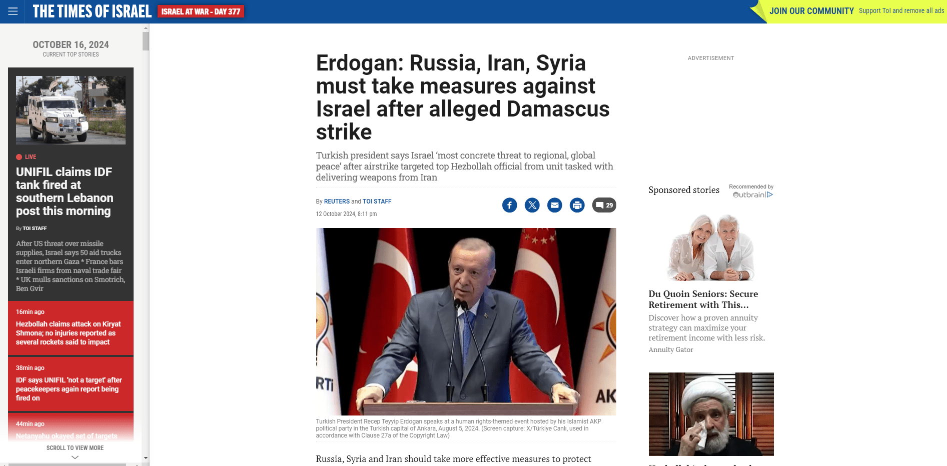 Erdogan: Russia, Iran, Syria must take measures against Israel after alleged Damascus strike