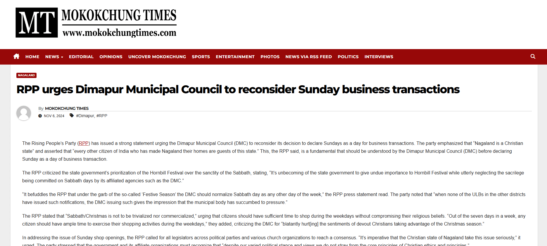 RPP urges Dimapur Municipal Council to reconsider Sunday business transactions