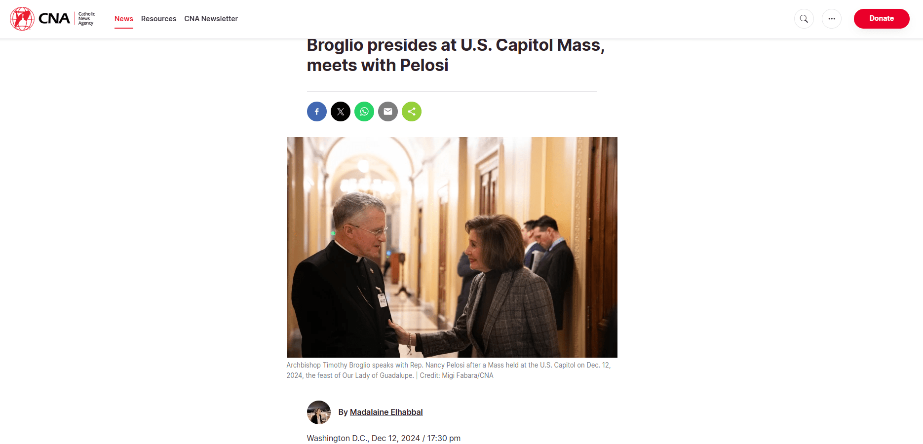 Broglio presides at U.S. Capitol Mass, meets with Pelosi