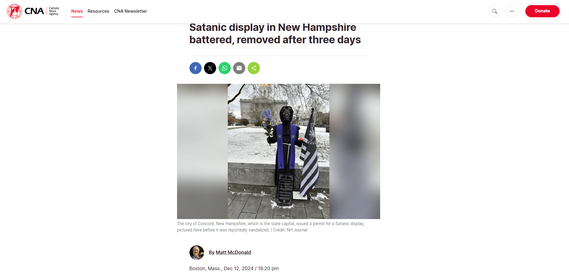 Satanic display in New Hampshire battered, removed after three days