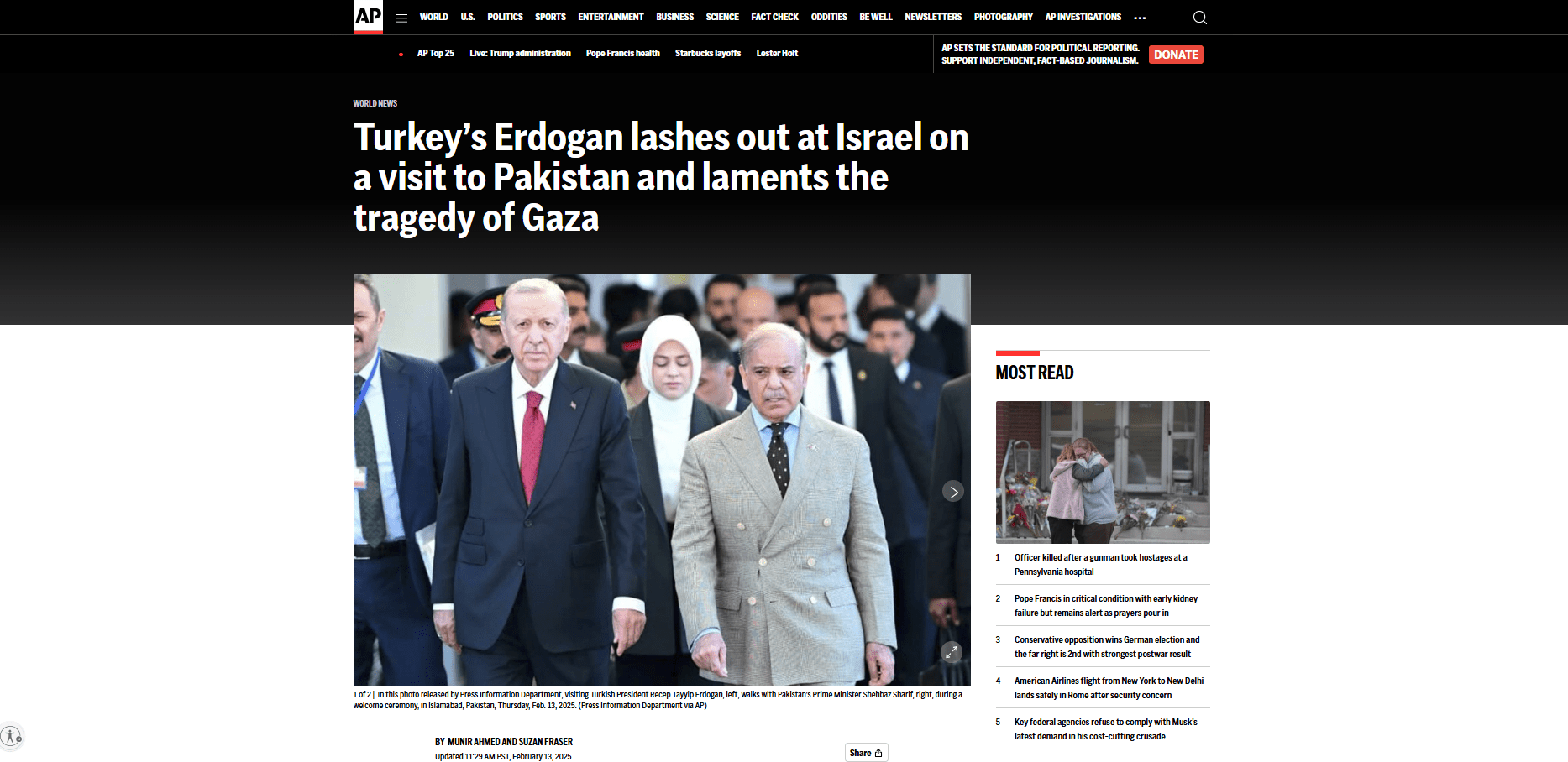 Turkey's Erdogan lashes out at Israel on a visit to Pakistan and laments the tragedy of Gaza