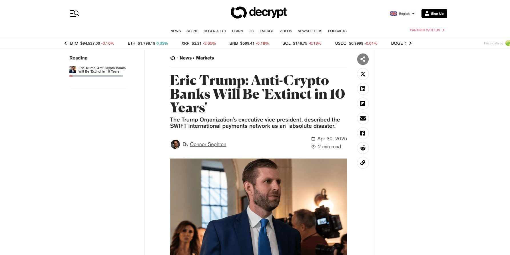 Eric Trump: Anti-Crypto Banks Will Be 'Extinct in 10 Years'
