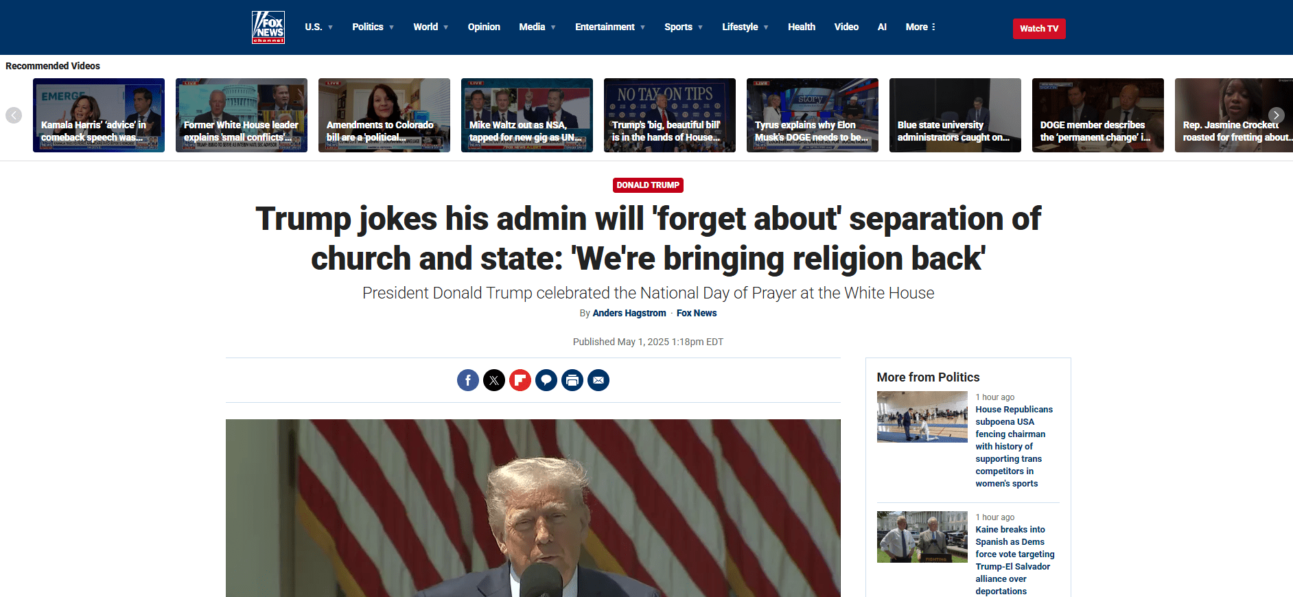 Trump jokes his admin will 'forget about' separation of church and state: 'We're bringing religion back'