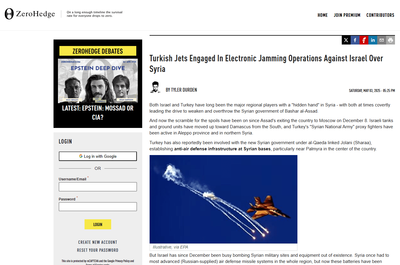 Turkish Jets Engaged In Electronic Jamming Operations Against Israel Over Syria