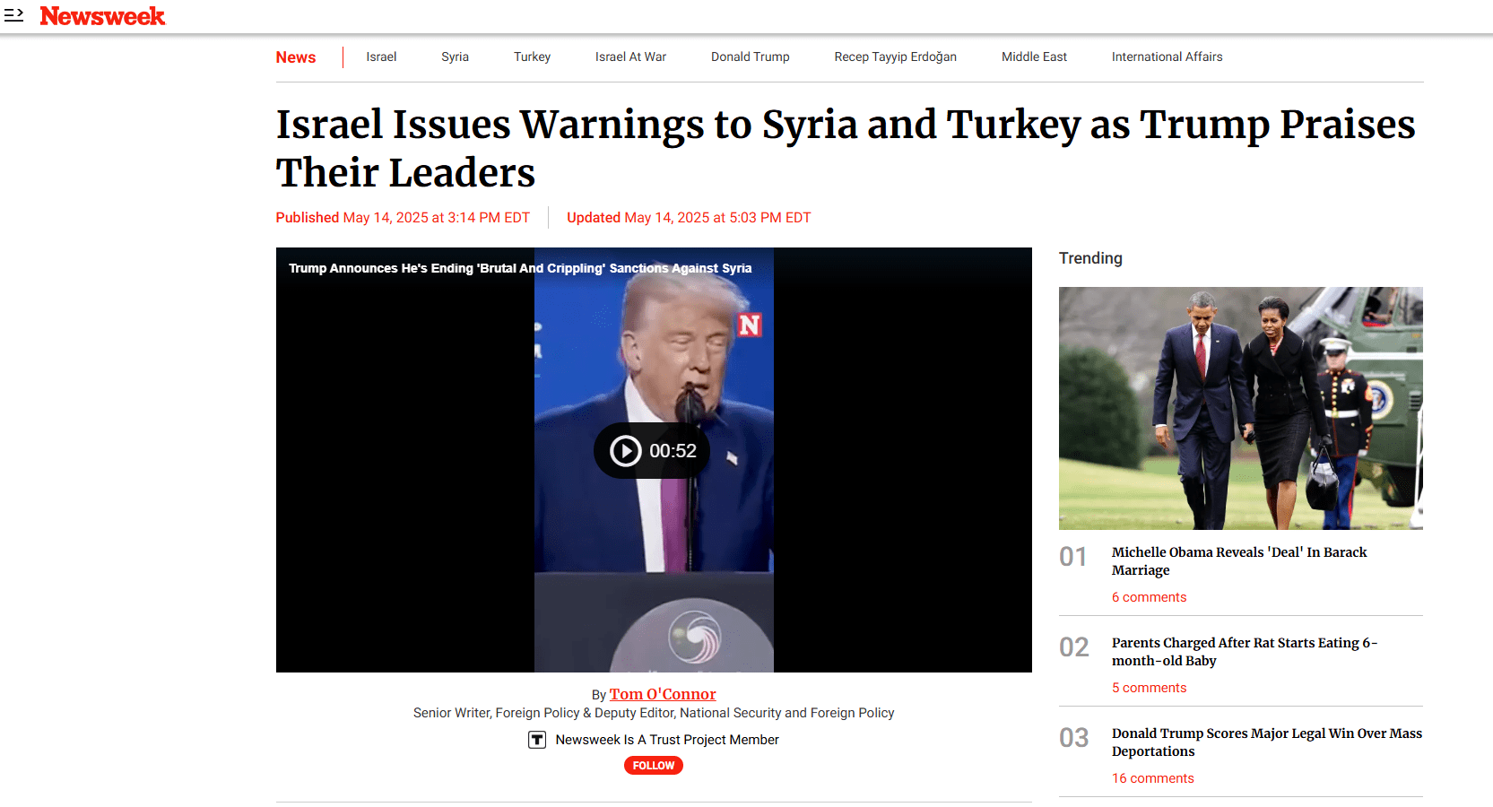 Israel issues warnings to Syria and Turkey as Trump praises their leaders