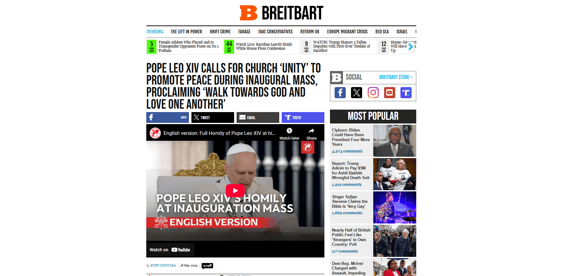 Pope Leo XIV Calls for Church 'Unity' to Promote Peace in the World